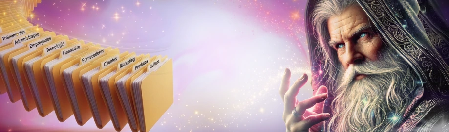 Mago organizando pastas empresariais com magia