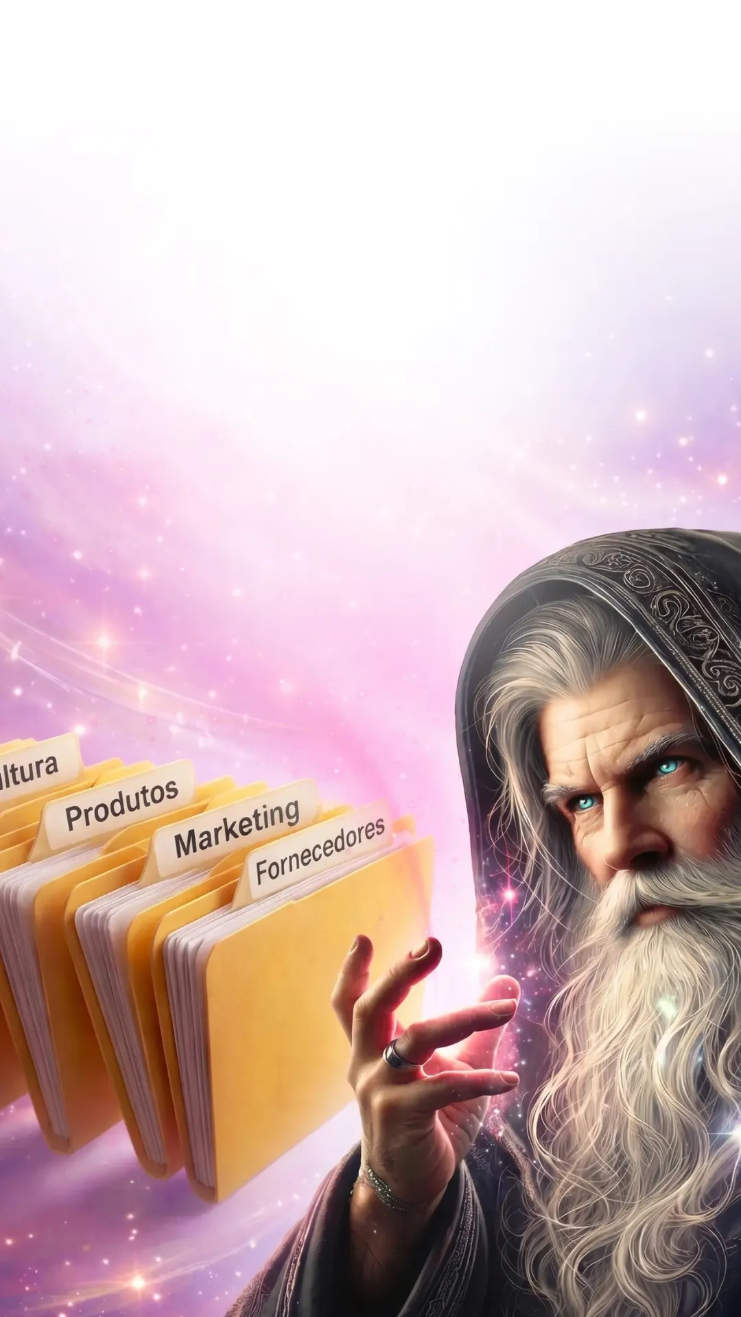 Mago organizando pastas empresariais com magia